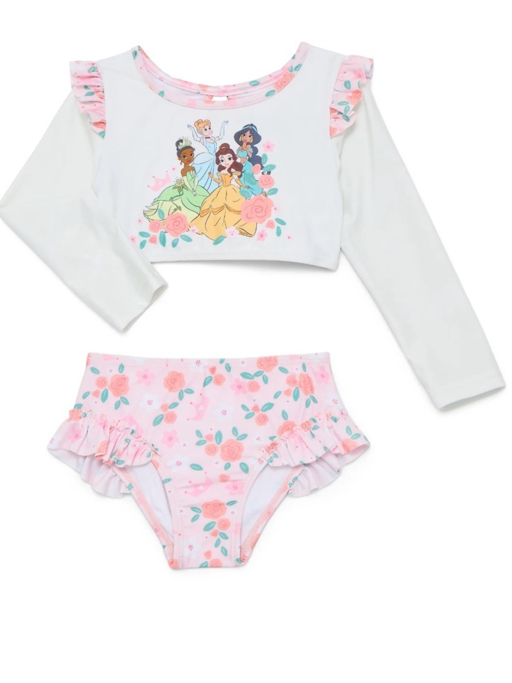 Disney Princess Toddler Girl Long- Sleeve Rash Guard Swimsuit, 2-Piece, Size 12M